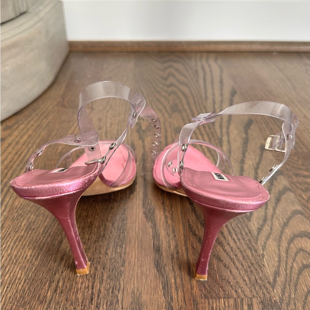 Manolo Blahnik Pink Metallic Leather Sandals with Clear PVC Straps 36.5 - Picture 3 of 5